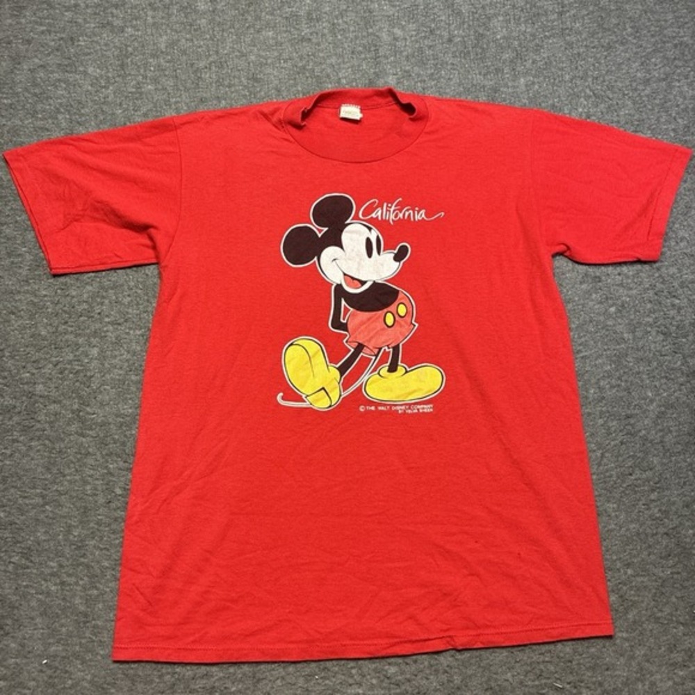 Vintage 80s Velva Sheen Mickey Mouse California Shirt Large‎ Men Disney USA Red